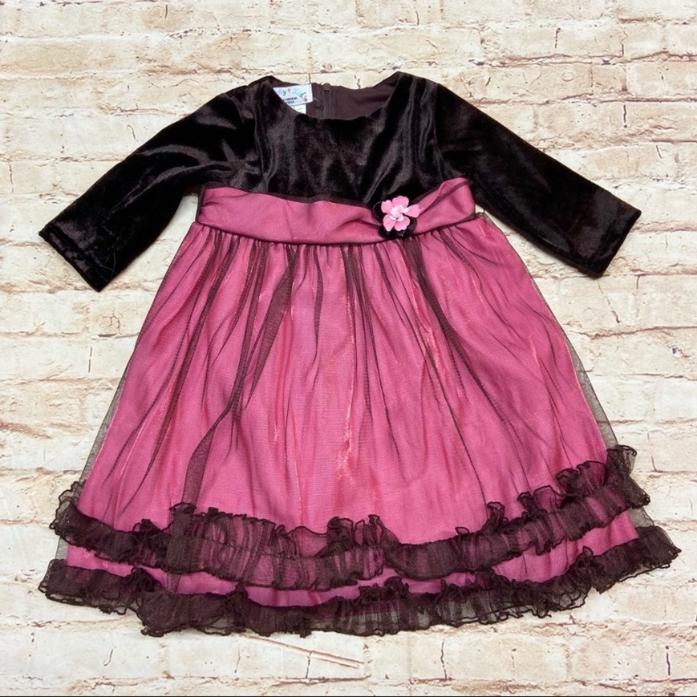Peachy Kids Girls Dress Size 2T Velvet Top Ruffle Shimmer Bottom Tie-Back Rose